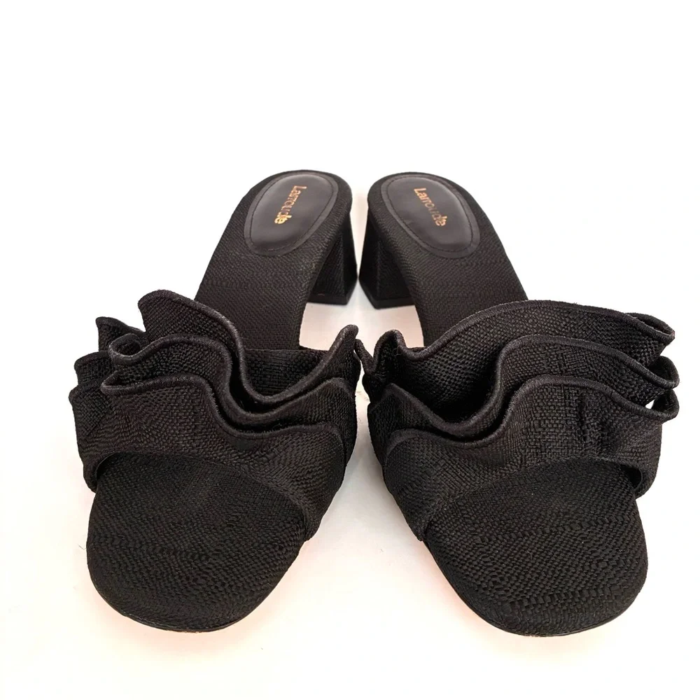 Larroude Brigitte Ruffle Raffia Block Heel Sandals (9.5) - Picture 7 of 13